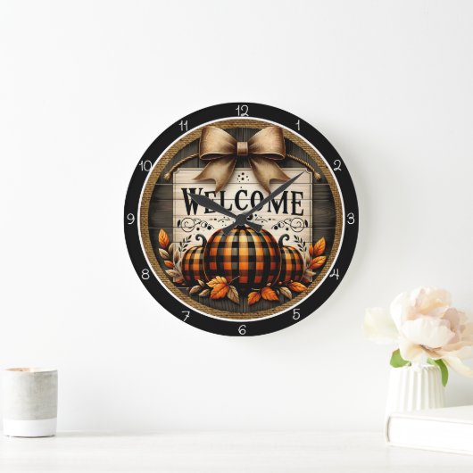 Willkommen Plaid-Kürbisse Große Wanduhr (Zuhause)