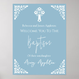 Willkommen Poster Floral Cross Christening Sky Blu