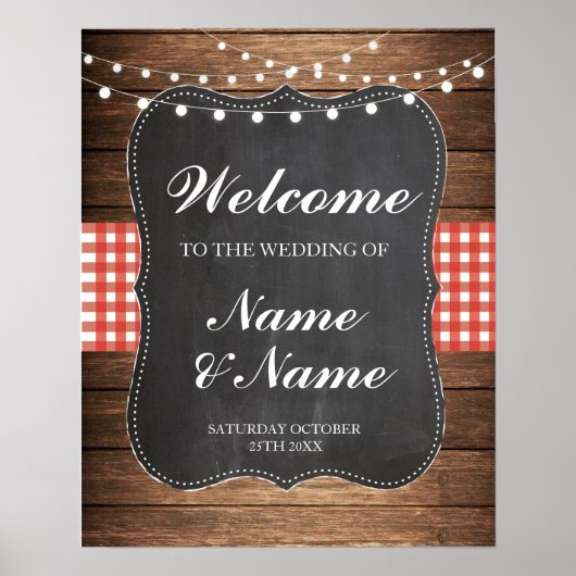 Willkommen Poster Red Karo Sign Wedding Wood Poste (Vorne)