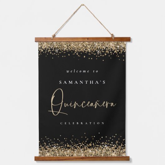 Willkommen Quinceanera Gold Glitzer Name Black Wandteppich Mit Holzrahmen (Vorderseite)