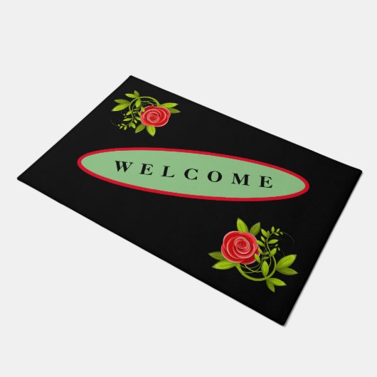 WILLKOMMEN ROSE SCHWARZ NEUES FUßMATTE (Schrägansicht)