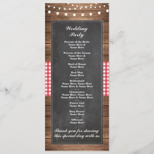 Willkommen Roter Karo Rustikales Chalk-Hochzeitspr Programm (Rückseite)