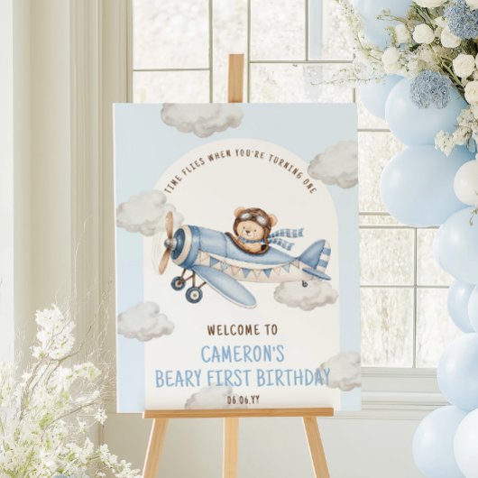 Willkommen Schild Teddybär Flugzeug zum ersten Geb