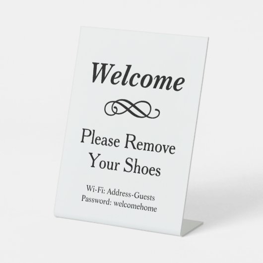Willkommen Schwarz und Weiß Bitte Schuhe entfernen Sockelschild (Vorderseite)