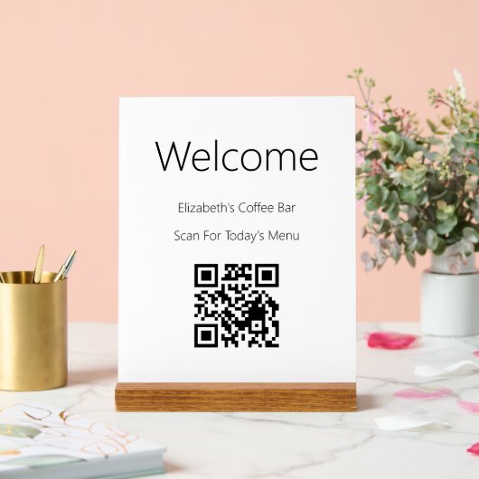 Willkommen Schwarz-weißer Scan-QR-Code für Menüvor Acrylschild (Hochzeit)
