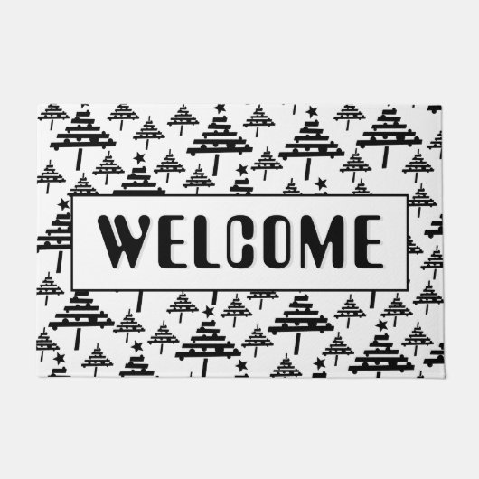 Willkommen Schwarz-weißes Weihnachtsbaummuster Fußmatte (Vorderseite)