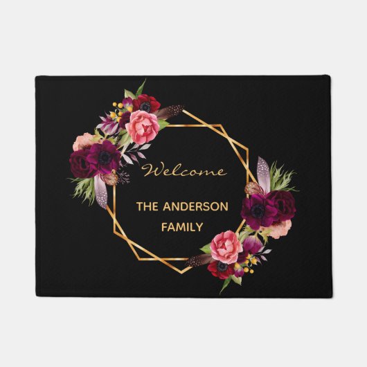 Willkommen schwarze Bordeaux-Blumen goldener Famil Fußmatte (Vorderseite)