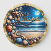 Willkommen Seashell Starfish Moonlight Beach Große Wanduhr (Vorderseite)