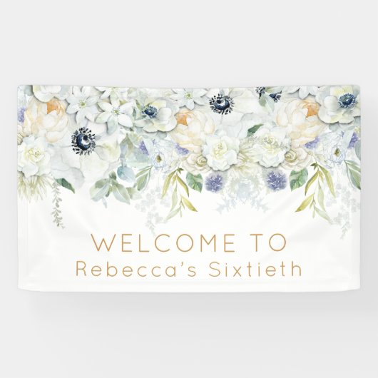 Willkommen Sixtieth Birthday Name White Florals Le Banner (Horizontal)