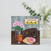 Willkommen, Sonnenblumen, Donuts und Kaffee (Stehend Vorderseite)