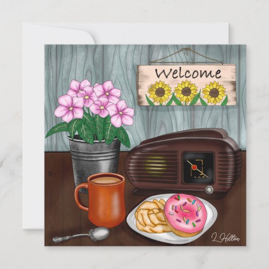 Willkommen, Sonnenblumen, Donuts und Kaffee (Vorderseite)