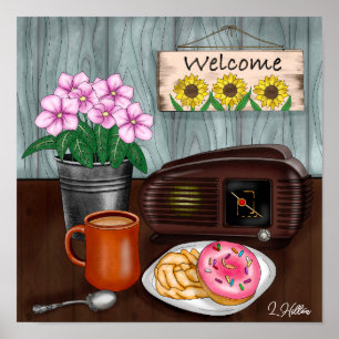 Willkommen, Sonnenblumen, Donuts und Kaffee Poster