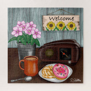 Willkommen, Sonnenblumen, Donuts und Kaffee Puzzle