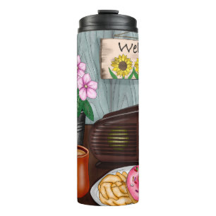 Willkommen, Sonnenblumen, Donuts und Kaffee Thermosbecher