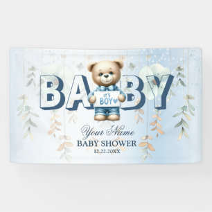 Willkommen Süßer Teddybär Blau Florale Party Banner