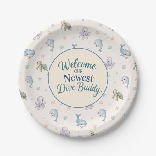 Willkommen Tauchbuddy Baby Shower Pappteller (Vorderseite)