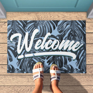 Willkommen Tropical Boho Blue Jungle Leaves Fußmatte