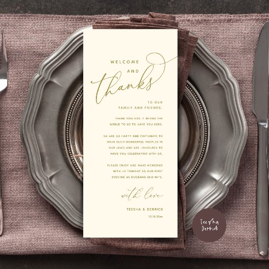 Willkommen und Danke, Hochzeitsdinner Dankeskarten Programm