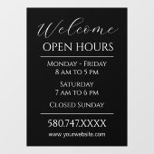 Willkommen und offene Stunden in Schwarz und Weiß Fensteraufkleber (Blatt)