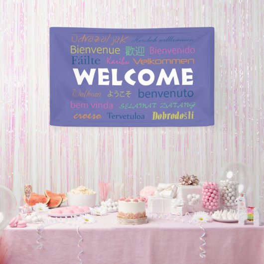 Willkommen Viele Sprachen Typografie Periwinkle Bl Banner (Party)