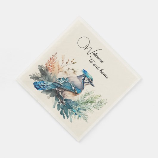 Willkommen Watercolor Blue Jay Bird Serviette (Ecke)