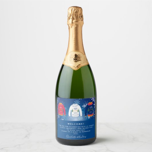 Willkommen Weihnachts Party hässlich Pullover rot Schaumweinetikett (Vorderseite)