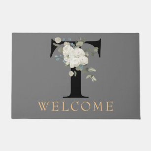 WILLKOMMEN Weißes Blumenmonogramm T Fußmatte