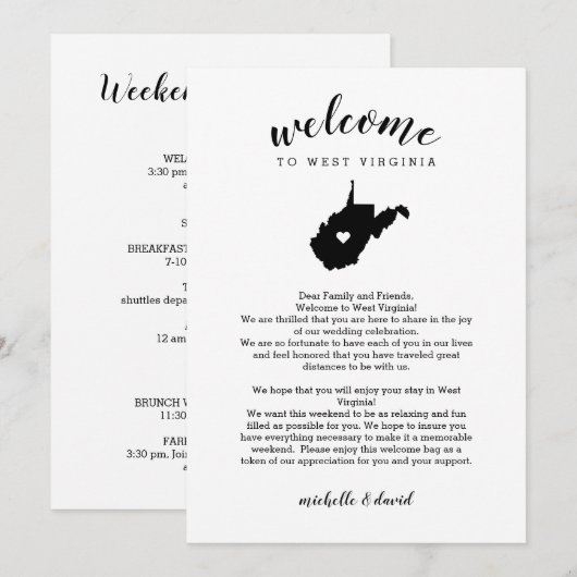 Willkommen West Virginia Wedding Letter & Itinerar (Vorne/Hinten)