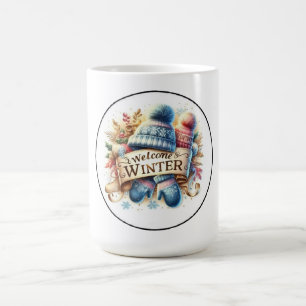 Willkommen Winter Cozy Strickmütze und Handschuhe Kaffeetasse
