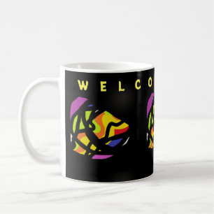 WILLKOMMEN ZUHAUSE ART PATTER AUF SCHWARZ KAFFEETASSE