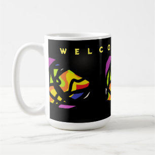 WILLKOMMEN ZUHAUSE ART PATTER AUF SCHWARZ KAFFEETASSE