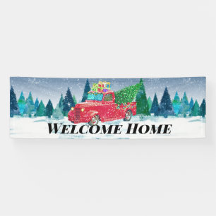 Willkommen Zuhause Roter Lastwagen Weihnachtsbaum Banner