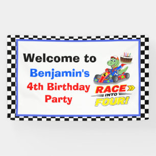 Willkommen zum 4. Geburtstag Dinosaurier-Rennwagen Banner