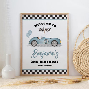 Willkommen zum Geburtstag mit Vintage-Blau-Rennwag Poster