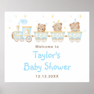 Willkommen zur Baby Shower Bär Blau Zug Poster