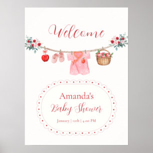 Willkommen zur Babyparty mit rosa Blumenapfel-Wäsc Poster
