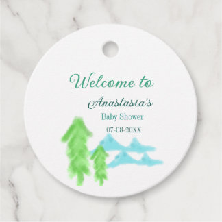 Willkommen zur Babyparty Name blaue grüne Baumhüge Geschenkanhänger
