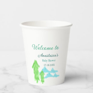 Willkommen zur Babyparty Name blaue grüne Baumhüge Pappbecher