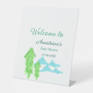 Willkommen zur Babyparty Name Blaue Grüne Baumhüge Sockelschild