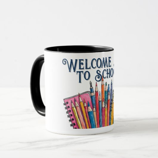 Willkommen zurück in der Schule – Bunter Start Tasse (Vorderseite Links)