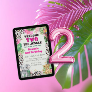 Willkommen ZWEI Dschungel Pink 2. Geburtstag Einladung