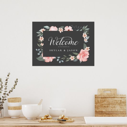 Willkommene Aquarellfarbe Rose & Foliage Frame Gra Poster (Küche)