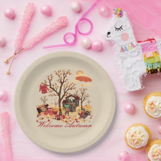 Willkommene Herbst-Fall-Elemente und Landschaft Pappteller (Party)