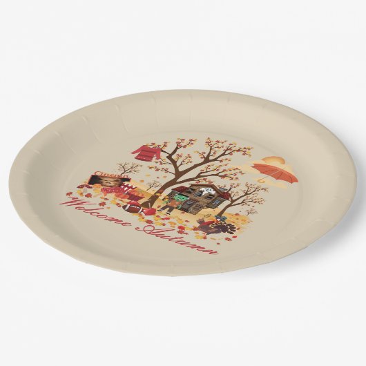 Willkommene Herbst-Fall-Elemente und Landschaft Pappteller (Schrägansicht)