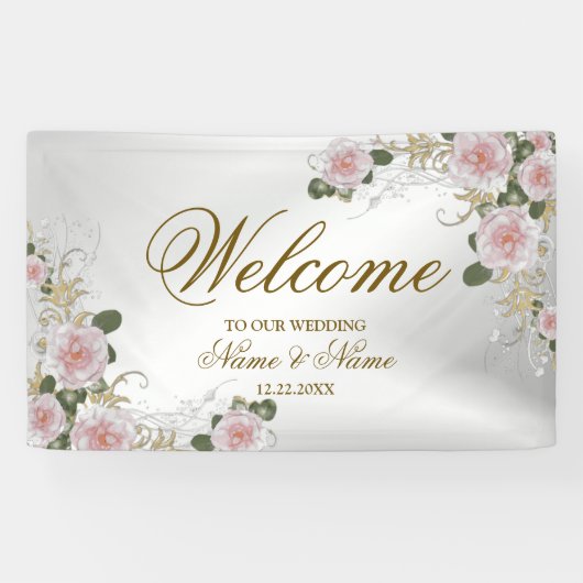Willkommene Hochzeitsparty Rosa Blütensilber Elega Banner (Horizontal)