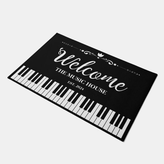 Willkommene Musik Haus Schwarz-Weiß-Text Fußmatte (Schrägansicht)