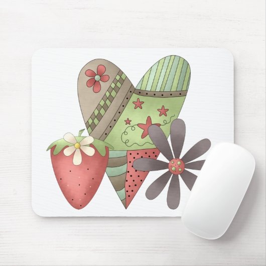 Willkommener Frühling · Herz, Erdbeere u. Blume Mousepad (Mit Mouse)
