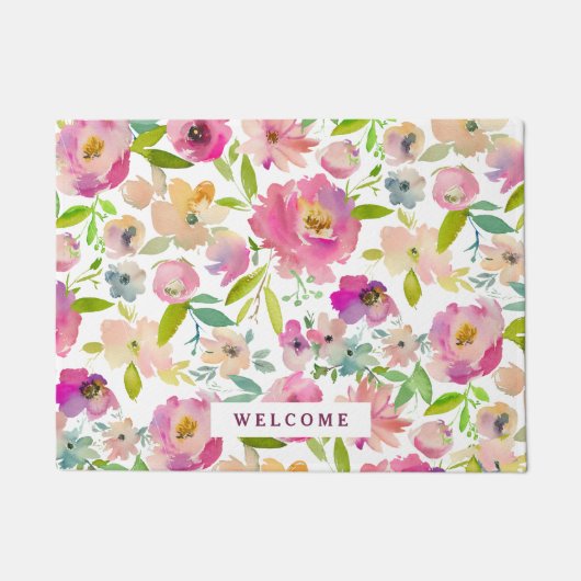 Willkommenes, blütenrosa Muster Fußmatte (Vorderseite)