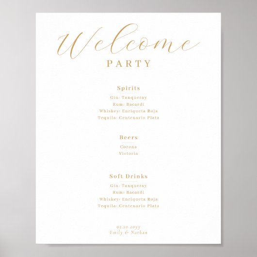 Willkommenes Party Drink Menü Poster (Vorne)