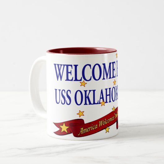 Willkommenes Zuhause USS Oklahoma City Zweifarbige Tasse (Vorderseite Links)
